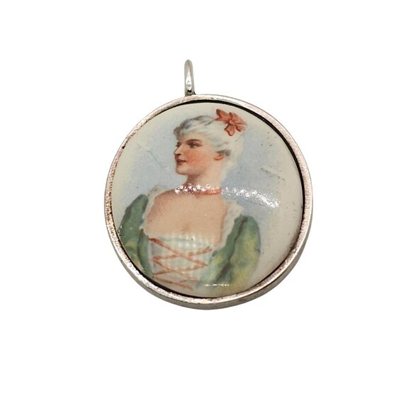Vintage Victorian Style Painted Porcelain Pendant Goldstein Sterling Silver - Picture 8 of 11